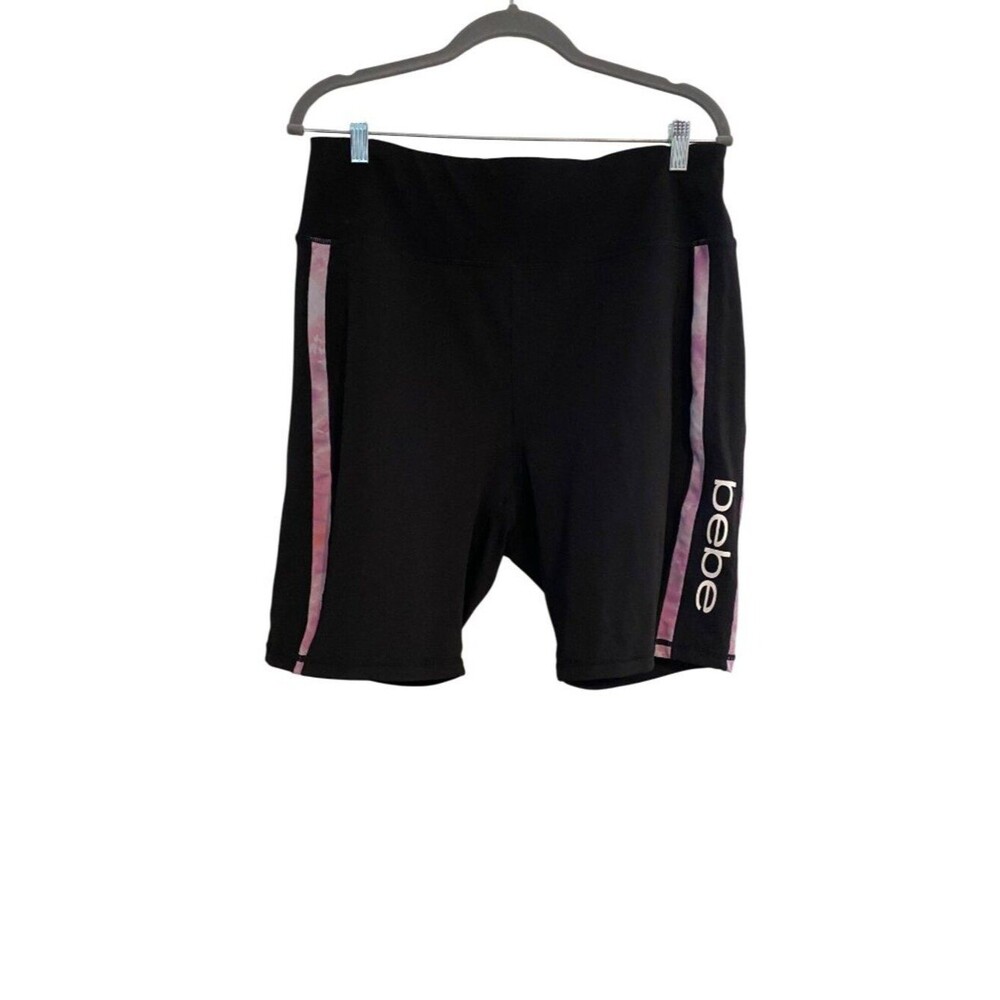 Bebe Sport Women's 2X Black Biker Shorts With Pink Tie-Dye Side Stripes Workout